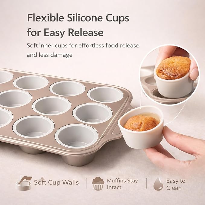 2Pack Silicone Muffin Pans with Steel Frame, 12-Cup Nonstick Bakeware, Reusable Cupcake Pans with 12 Piping Nozzles & Bag for Baking | Silicone Muffin Pans for Cupcakes & Muffins