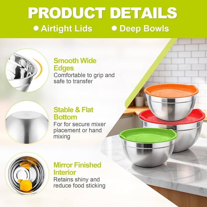 TeamFar Mixing Bowls, Stainless Steel Nesting Salad Bowls with Airtight Lids Set, For Serving/Mixing/Storing, Healthy & Long-lasting, Dishwasher Safe & Easy Clean, 4.6/3 / 1.5 QT, Colorful
