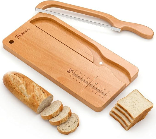 Upgraded Bread Knife and Board Set-Adjustable Thickness Bread Slicer for Homemade & Sourdough with Scale Line Serrated Stainless Steel Blade, Magnetic Storage Perfect for Artisan Bakers