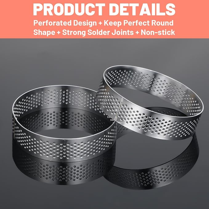 20Pcs Perforated Tart Rings, 3.15 Inch Stainless Steel Tart Ring, Round Mousse Cake Ring with Brush, Metal Pastry Mold for Baking Cooking Pastries, Small Fruit Tartet Crust 8cm