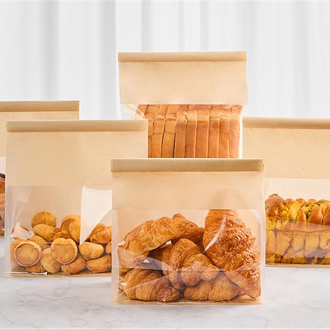Ocmoiy 50Pcs Large Paper Bread Bags, Resealable Sourdough Bread Bags, Clear Front Tin Tie Tab Lock Bakery Storage Bag with Window Paper Treat Bag (8.7x4.3x11 Inch)