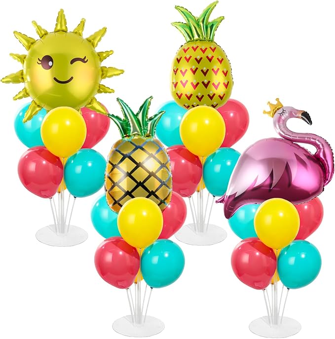 4 Sets Summer Tropical Party Balloons Stand Kit with Pineapple Flamingo Foil Balloons Hawaiian Party Balloon Centerpiece for Tables for Summer Beach Hawaiian Birthday Decorations