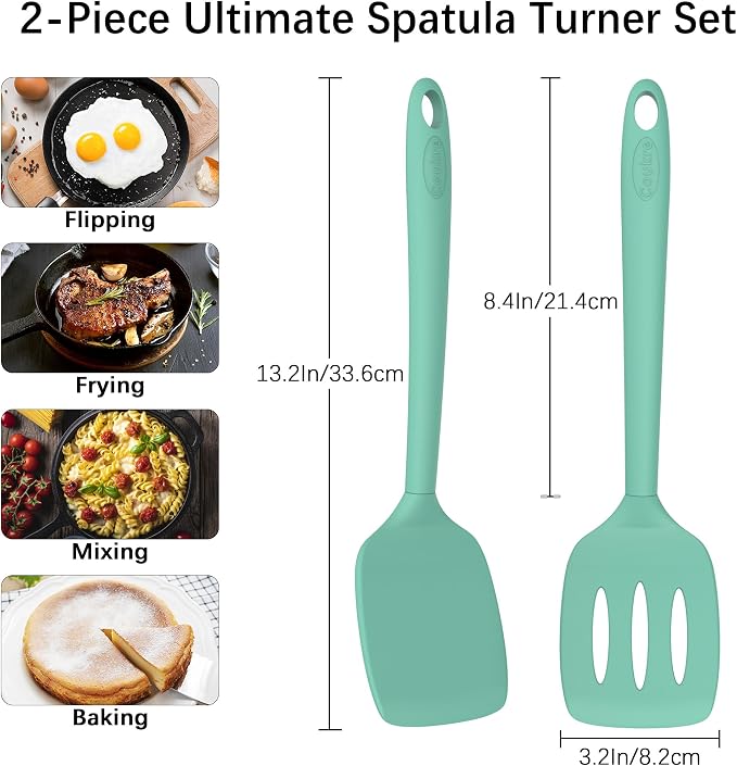 Coukre 2 Pack Silicone Spatula Set, High Heat Resistant, BPA Free Kitchen Spatula, Solid & Slotted Turner for Non-Stick Pans, Sautéing, and Flipping (2, SolidAquaGreen)