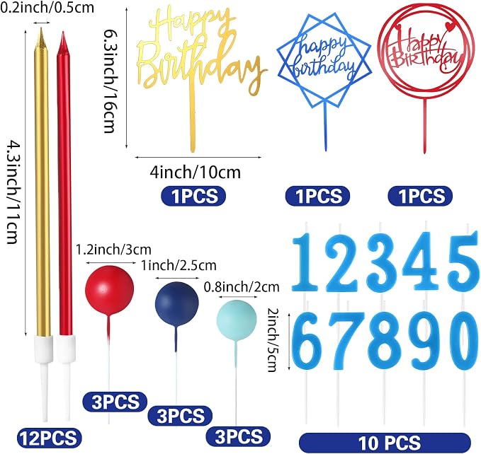Yerliker 34 Pcs Happy Birthday Cake Toppers Decorations Birthday Candles DIY Cake Decor for Men Women Wedding Anniversary(Blue Red)