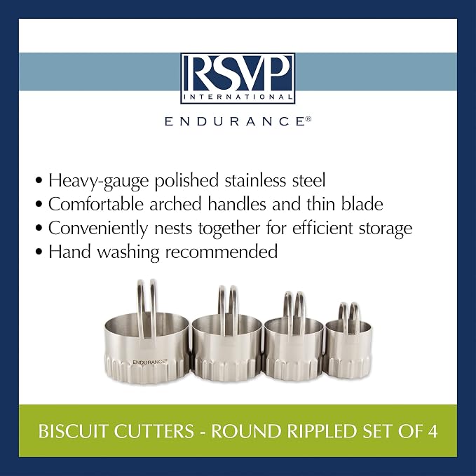 RSVP International Endurance Ripple Round Biscuit Cutters - Stainless Steel, Set of 4 | Nest for Easy Storage | For Cutting Thick or Thin Dough | Professional | High Handle Arch
