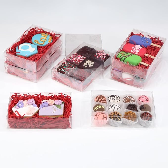 RomanticBaking 15PCS 7x4.3x1.5 Inch Clear Chocolate Covered Ore Boxes Cookie Boxes with Window Bakery Boxes for Cakesickle,Truffle, Bomb Dount,Cake &Gift Treat Boxes for Party Favors