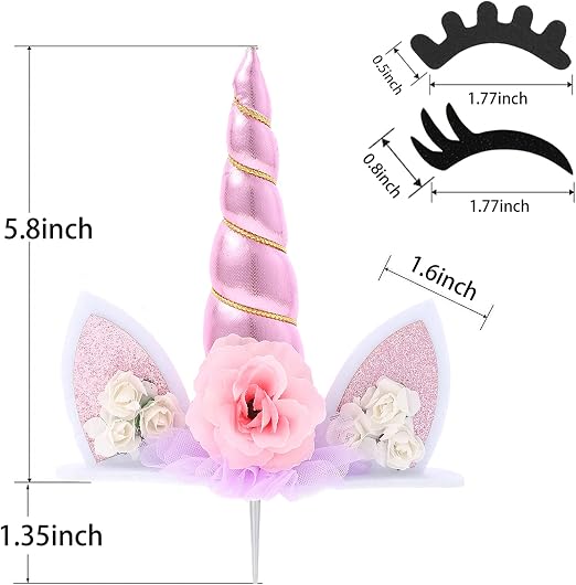 Unicorn Cake Topper Birthday Party Supplies Cute Handmade Cake Decoration Pink Unicorns Horn Cake Topper Decorations for Girls First Birthday Cake Accessories with Eyelashes, 5.8 Inch