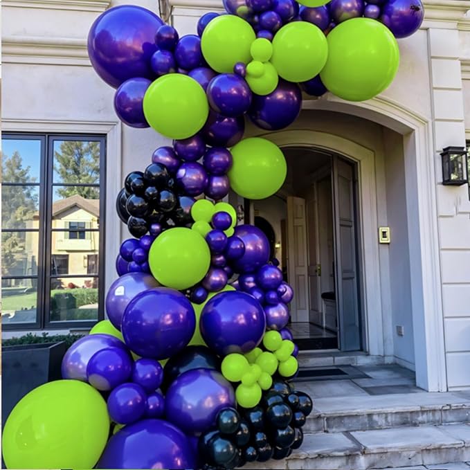 Halloween Balloon Arch Kit, Black Fruit Green Metallic Purple Agate Black Balloons, Ghostly Eyes, Scary Character and Striped Balloons for Kid Halloween Birthday Party Decorations Baby Shower Backdrop