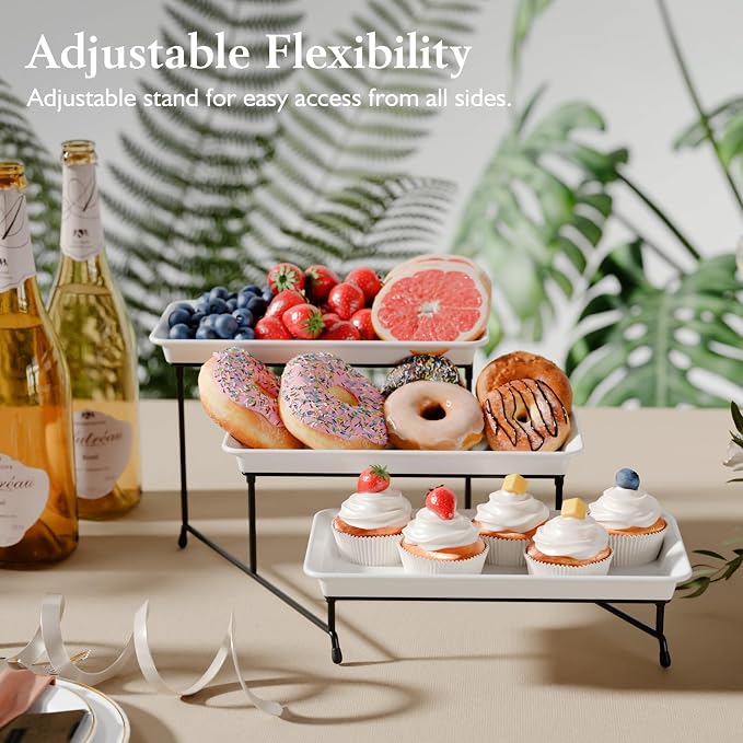 3-Tier Melamine Serving Tray Set, 11.5" x 5.6" Platters for Serving Food, White Reusable Trays with Black Metal Display Stand for Cupcakes, Sevring Food, Dessert, Fruit, Cookie, Black