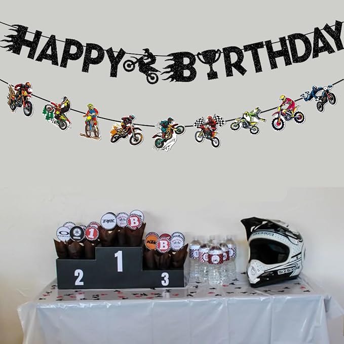 Zwiebeco Motorcycle Happy Birthday Party Decoration Banner Bunting Garland Hanging Paper for Harley Inspired Dirt Bike Racing Theme Boys Girls Men Women Kids Adults Birthday Decor Accessories Supplies