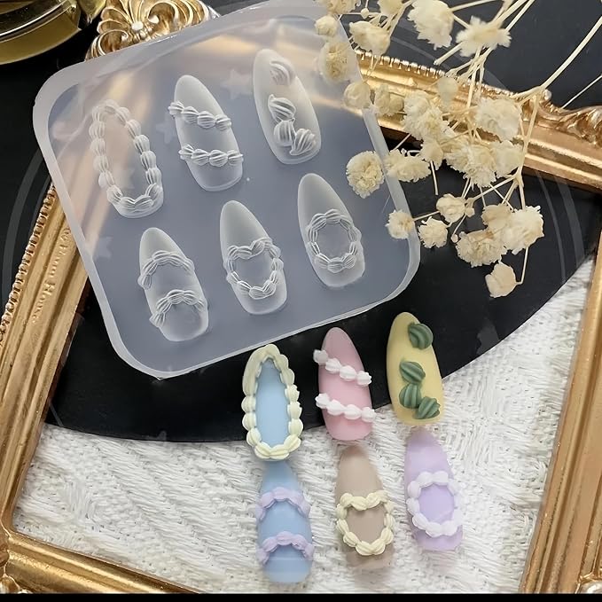 3D Nail Art Silicone Mold, Kawaii Whipped Cream Piping Icing Decoden Mold for Nails, 6 Cavities Cake Frosting Ribbon Resin Acrylic Casting Molds for Women Girls DIY Coquette Manicure Tools