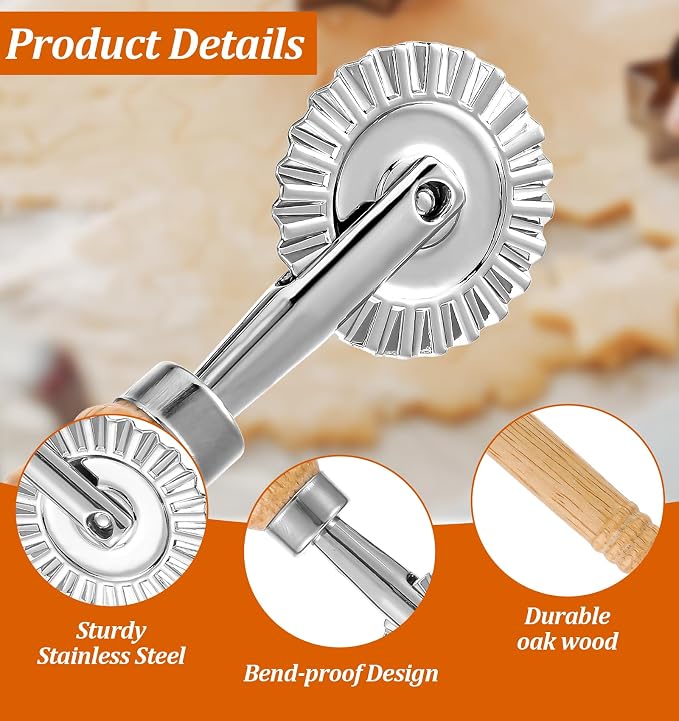 Fluted Pastry Cutter, 6.3 Inch Stainless Steel Fluted Pastry Wheel with Ergonomic Oak Wooden Handle for Ravioli, Pasta, Dumpling, Noodles, Kitchen 360 Degree Effortless Food Cutting
