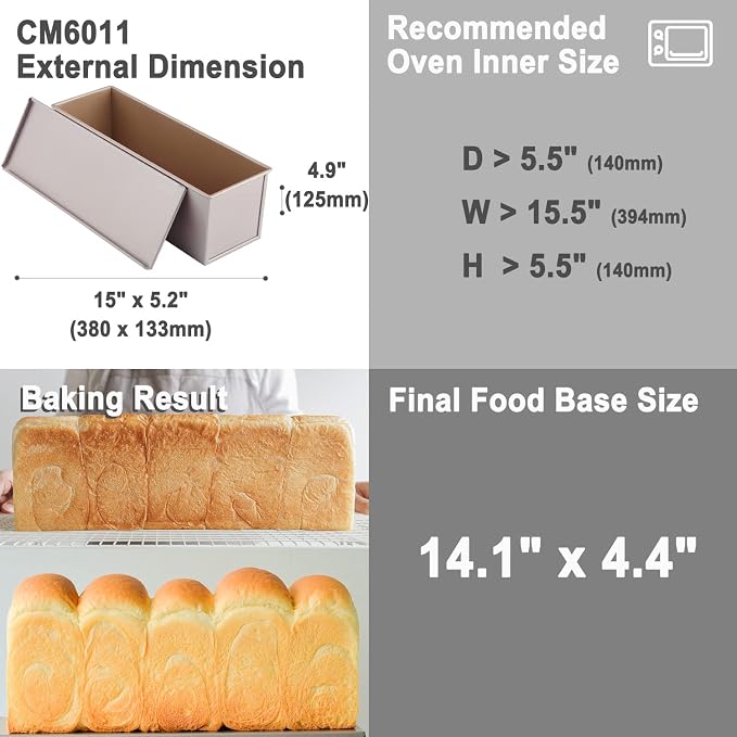 CHEFMADE Commercial Pullman Loaf Pan with Lid, 2.6Lb Dough Capacity Non-stick Rectangle Flat Toast Box for Oven Baking 5.2" x 15.2"x 4.9" Dishwasher Safe (Champagne Gold)