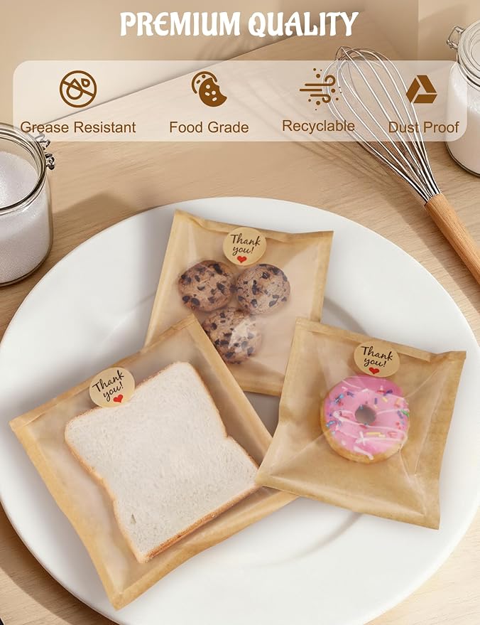 FireKylin 200 Pack Cookie Bags with Heat Sealing, 7.1 x 7.5 Inch Bakery Bags with Window, Grease Resistant Cookie Packing for Treats, Baked Goods, Bagel, Cake Slice, Sandwich (7.1"x7.5"-200pcs)