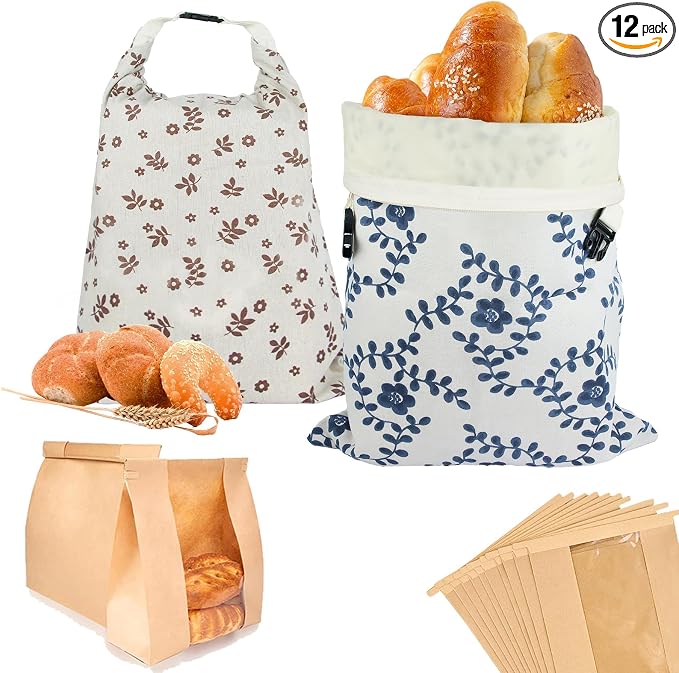 2 Pack Beeswax Bread Bags for Sourdough Homemade Bread, XL Linen Bread Bag | Zippered Reusable Cotton Bread Bags, 10 Pcs Large Paper Bags, Food Storage Bag, Lock in Freshness, Freezer Safe, Eco-Friendly