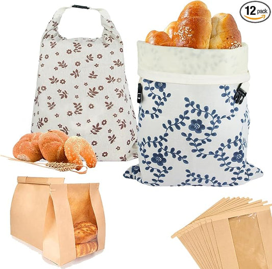 2 Pack Beeswax Bread Bags for Sourdough Homemade Bread, XL Linen Bread Bag | Zippered Reusable Cotton Bread Bags, 10 Pcs Large Paper Bags, Food Storage Bag, Lock in Freshness, Freezer Safe, Eco-Friendly
