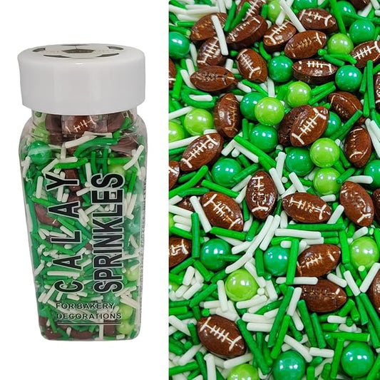 Football Sprinkles for Baking, Edible Sugar Pearl Green White Jimmies Sprinkles for Cake Cupcake Toppers Cookie Donuts Ice Cream Toppings