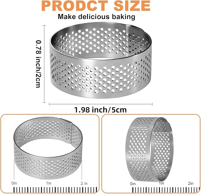 50 Pcs 1.98 Inch 304 Stainless Steel Tart Ring, Heat-Resistant Perforated Cake Mousse Ring, Round Ring Baking Small Fruit Tarte Crust Tools 5cm