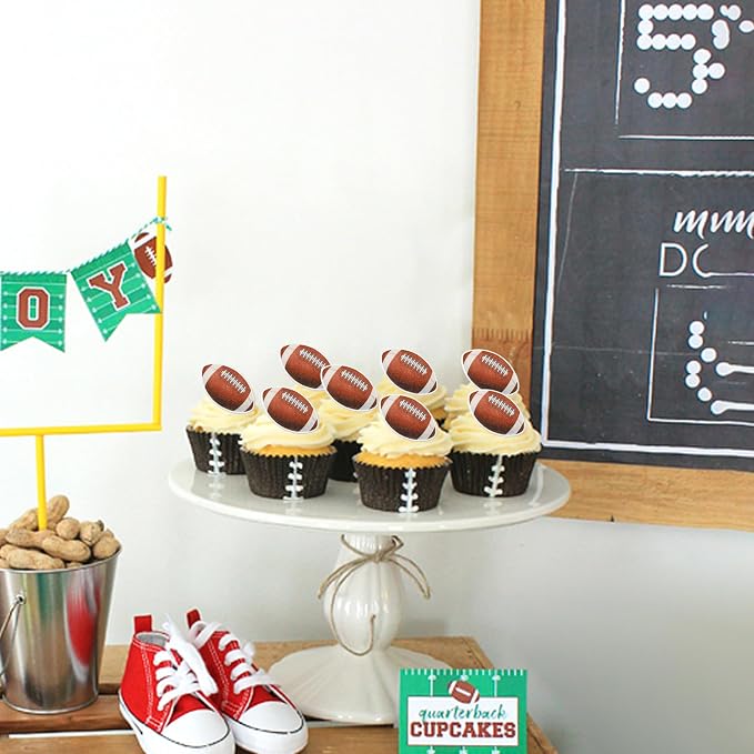 48 PCS Edible Rugby Ball Cupcake Toppers Wafer Paper Football Cake Decorations Edible Rugby Ball Cake Picks Toppers for Sports Rugby Theme Baby Shower Kids Birthday Party Cupcake Decoration Supplies