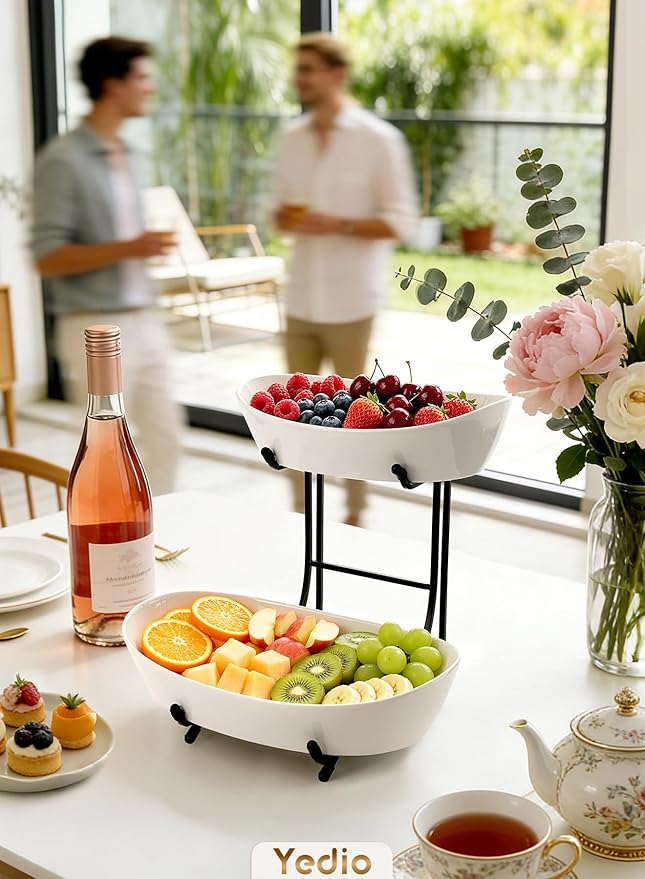 2 Tier Fruit Bowl for Kitchen Counter, Modern Black Ceramic Fruit Basket Stand, Small Space Saving Tiered Fruit Holder for Kitchen Organizer, White Porcelain Snack & Bread Display Serving Tray