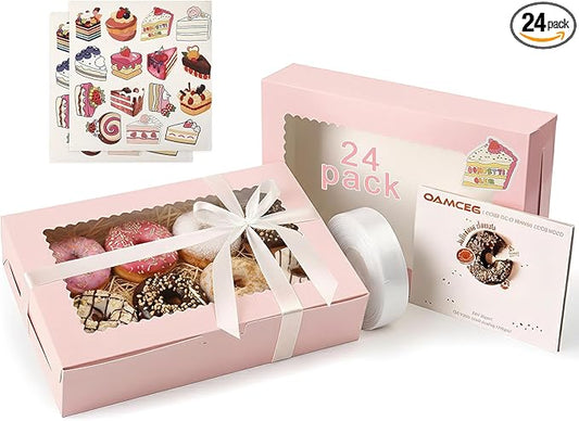OAMCEG 24 Pack Cookie Boxes with Window, 12x8x2.5 Inch Bakery Treat Boxes for Christmas Holiday Gift Giving, Desserts, Donuts, Pastries-Pink