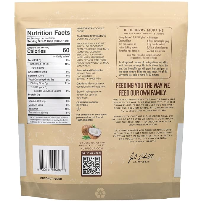 Nature’s Eats Coconut Flour 32 oz - 100% Organic Fine Coconut Flour - Gluten Free, Keto, Vegan Baking Ingredient - Non-GMO, High Fiber - Grain Free Substitute for Healthy Recipes (Pack of 2)