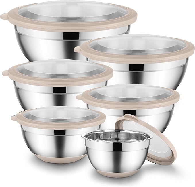 Onader Mixing Bowls with Lids Set of 6, Large Metal Nesting Mixing Bowls, Stainless Steel Non-Slip Salad Bowl Khaki – Size 0.7, 1, 1.5, 2, 2.6, 4.6QT