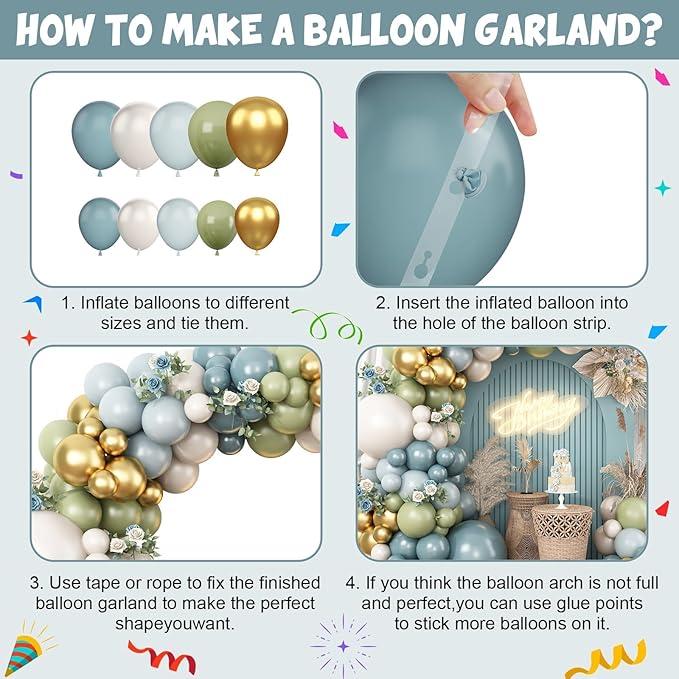 Dusty Blue Green Balloon Garland Kit, Slate Blue Haze Fog Blue Sage Green Beige Gold Balloon Arch Kit, Pastel Olive Green Retro Blue Balloons Arch for Birthday Boho Bridal Shower Wedding Decorations