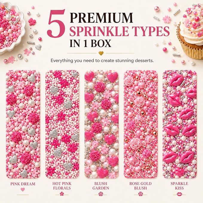 Confect Cake & Cupcake Sprinkles | Love Sprinkles Mix Pink Mini Lips & Roses, Silver Hearts & Vermcelli and White Pearls | Anniversary Sprinkles | Edible sprinkles Mix Pack of 5 (5 Oz)