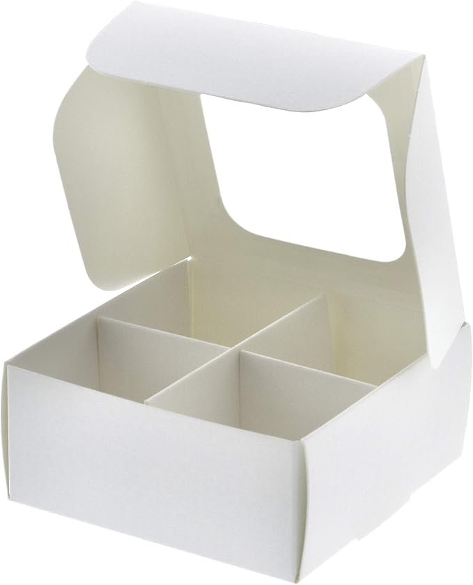 Treat Boxes - 20 ct 3.5 x 3.5 x 1.6 in Bakery Boxes with Windows and Dividers for Candy, Cookies, Cupcakes, or Bakery Desserts - Chocolate, Treats, and Baked Goods Packaging for Gifting