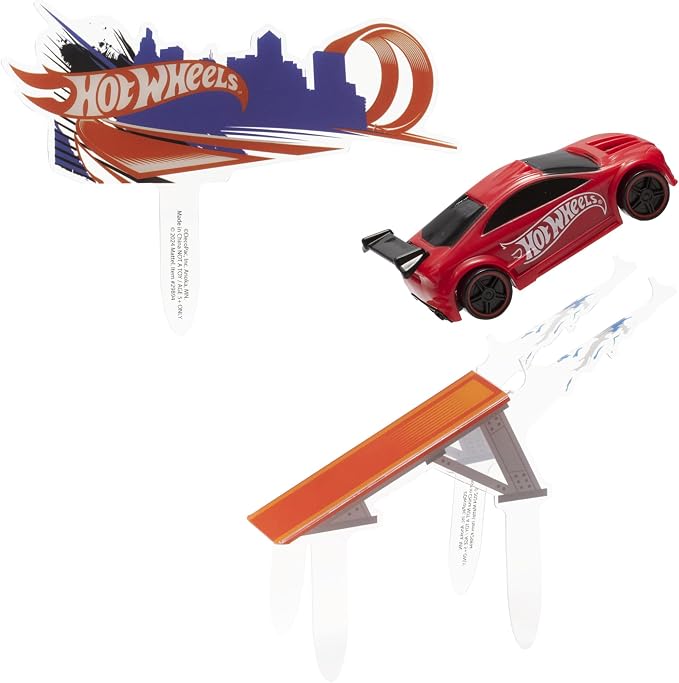 DecoSet® Hot Wheels™ Supreme Speed Cake Topper, Car Cake Decoration Set with Vehicle cake topper, Ramp and Background Pics, 3 Piece Set | For Birthday And Celebrations