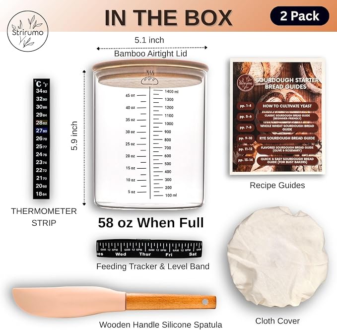 2 Pack, 58oz Sourdough Starter Jar Kit – Large Glass Fermentation Jar with Feeding Tracker, Sourdough Starter Recipe Guide, and Essential Bread Baking Tools for Homemade Sourdough