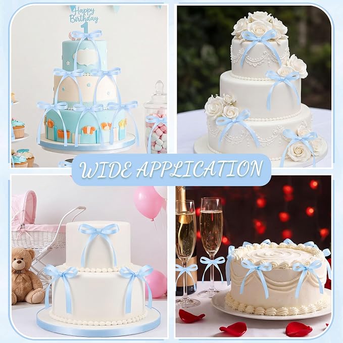 30 Pack Bow Cake Toppers Light Blue Ribbon Bows for Cake Baby Blue Bow Birthday Decorations for Baby Shower, Wedding, Bachelorette, Summer Pool Party Decorations