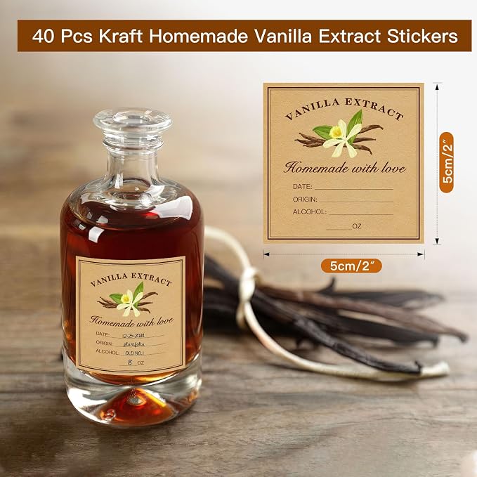 TESWEY 40Pcs Homemade Kraft Vanilla Extract Stickers, 2" Square Vanilla Extract Labels for Handcrafted Vanilla Bottles (Fit 2oz, 4oz, 8oz Bottles and Jars)