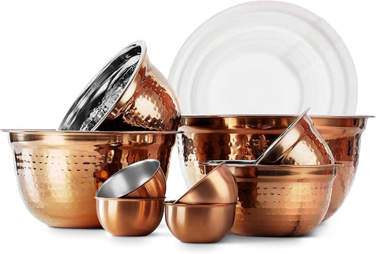 COOK WITH COLOR 18 Piece Mixing Bowls Set with Airtight Lids, Handcrafted Stainless Steel Bowls, Food Storage Containers, Meal Prep, Nesting Salad Bowls For Cooking, Baking, Kitchen, Copper - Hammered