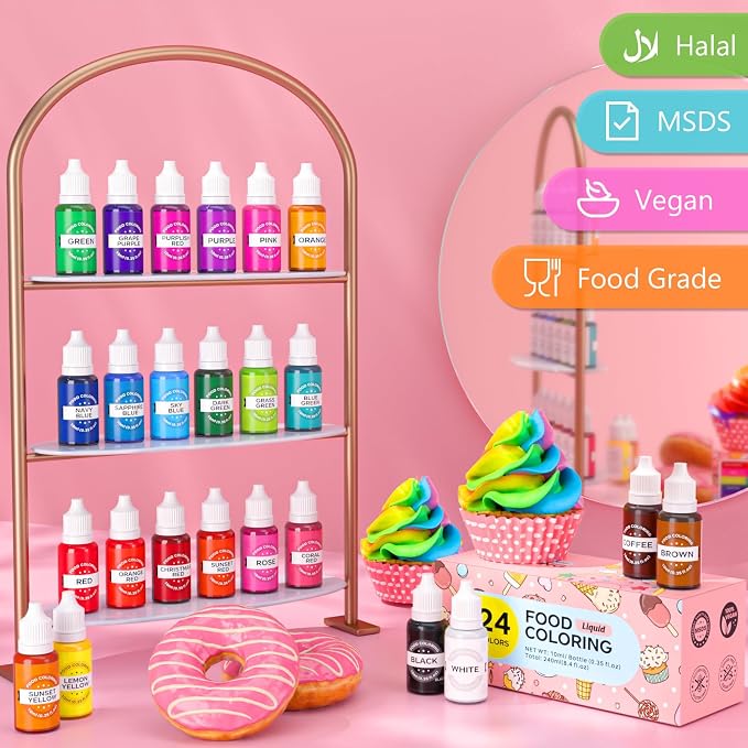 Food Coloring Set - 24 Color Food Grade Vibrant Food Dye Tasteless Liquid Color for Cake Decorating Baking Easter Egg Icing Fondant Cooking Slime Making DIY Supplies Kit - 0.35 Fl. oz (10 ml)/Bottles