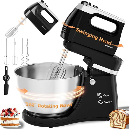 4.8QT 2-in-1 Stand Mixer, Electric Kitchen Mixer with Auto-Rotating Bowl & Tilt-Head, 5-Speed 250W Turbo Baking Machine for Beginners with Beater & Dough Hook for Cookie, Bread, Cake (Black)
