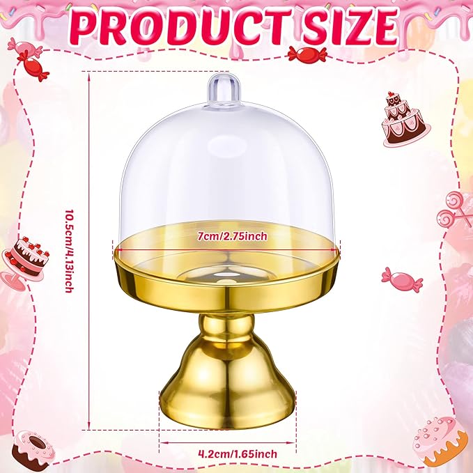 24 Pieces Plastic Mini Cake Stand with Dome Cover Chocolate Candy Cupcake Containers Dessert Display Plate with Dome Cover for Birthday Wedding Holiday Party Supplies (Gold, Transparent)