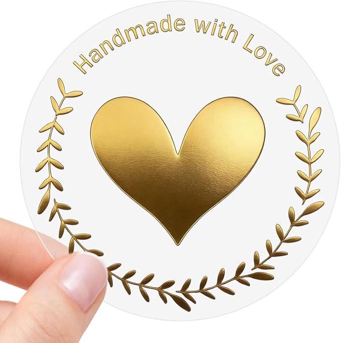 100 PCS Handmade with Love Stickers, Gold Foil Heart Labels for Small Business Packaging, Gift Wrapping, Dessert Table Treat Bags, Candy Bags, Wedding & Party Favor Stickers, 1.6 Inch