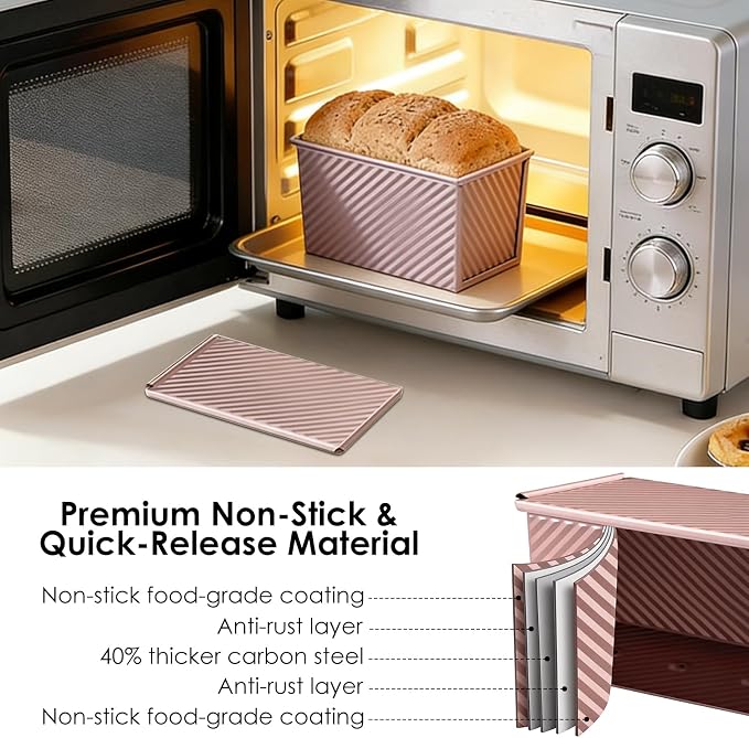 【6 Bonus Tools】2.2lb Pullman Loaf Pan with Lids,Premium Non-Stick Sandwich Bread Loaf Pan with Lid for Homemade Bread, Carbon Steel Corrugated Bread Toast Box Mold with Cover for Sourdough Loaf Pan