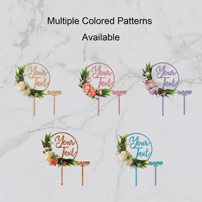 CustomText Wedding Cake Topper with 3D Artificial Flowers and Green Leaves Personalized Your Text Birthday Cake Decoration (Oak Finish)