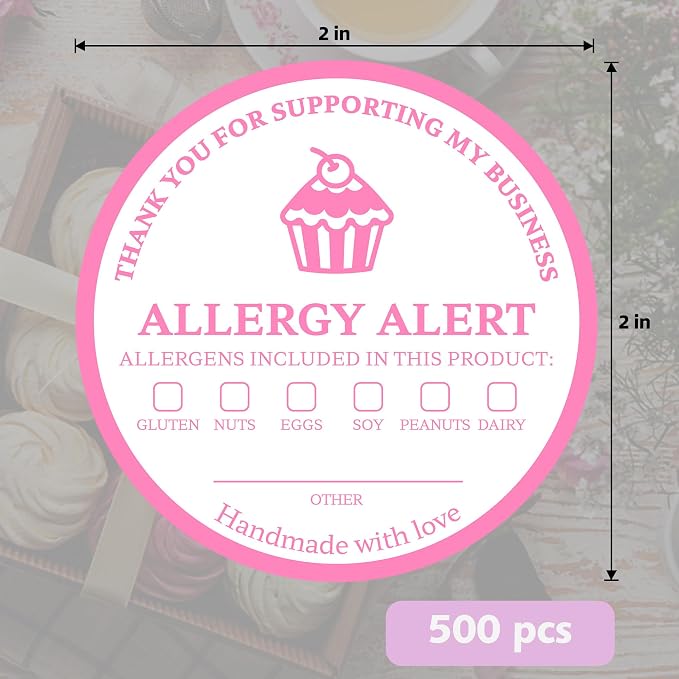 2" Round 500pcs Square Food Allergy Stickers Waterproof for Party, Restaurants, Allergen Warning Stickers for Food, Kitchen