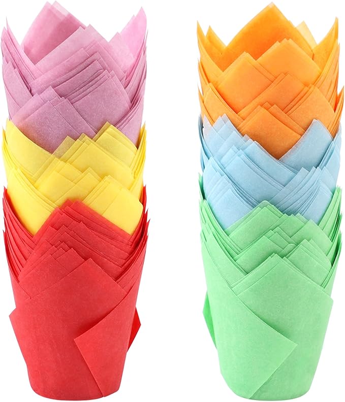Ruisita 150 Pcs Mini Cupcake Liners Muffin Liners Baking Cups | Tulip Cupcake Liner for Baking Wedding, Birthday, Baby Shower Parties, 6 Colors