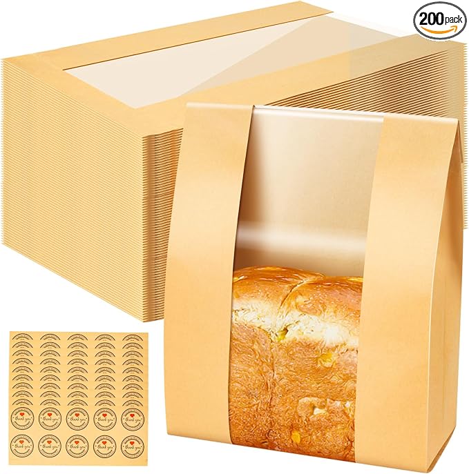 ONLYFU 200 Pack Paper Sourdough Bread Bags, 14" x 8.3" x 3.5" Large Baked Cookies Storage Bag with Clear Window for Bakery Homemade Bread, Brown Bread Packaging Bags with 200 Label Seal Stickers