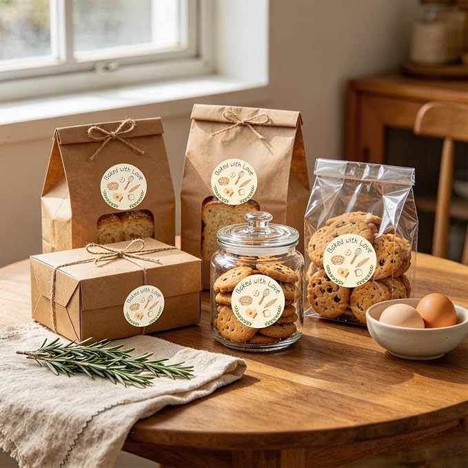 200PCS Baked with Love Stickers, 1.6 Inch Round Self-Adhesive Baking Labels, Bakery Tools Design Stickers for Homemade Bread Cookies Cake Boxes Goodie Bags Gift Wrapping