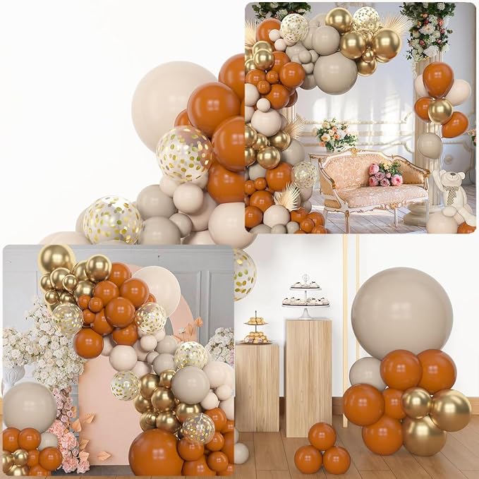 Archloon 156pcs Burnt Orange Balloon Garland Arch Kit, Different Sizes 18 12 10 5inch White Sand Nude Latex Metallic Gold Confetti Fall Thanksgiving Balloons for Baby Shower Birthday Party Decorations