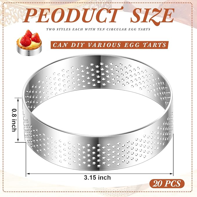 Mumufy 20 Pcs Perforated Tart Rings Round Stainless Steel Tart Rings for Baking Nonstick Metal Round Cake Ring for Pastry French Dessert Mousse Food Crisp Home Food Making Tool (3.15'')