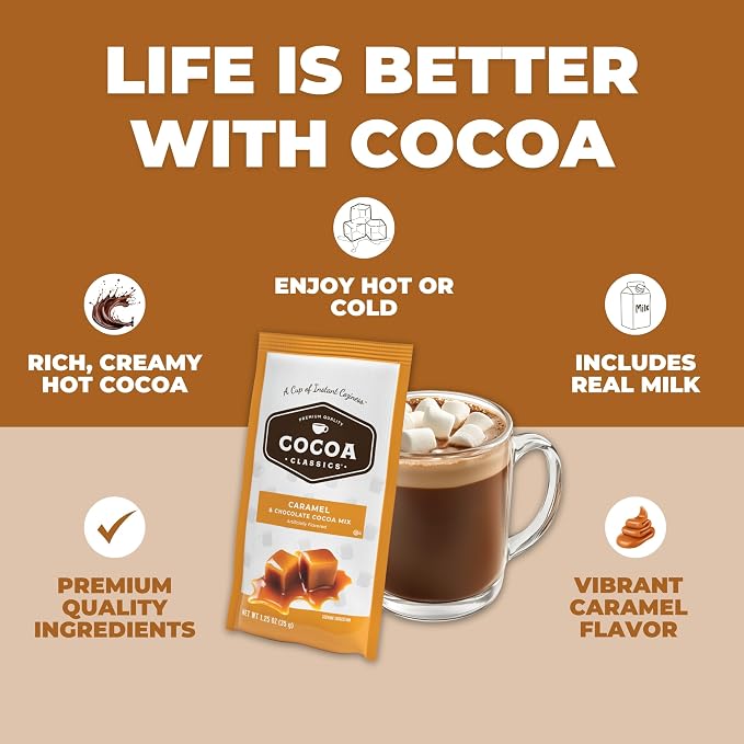 Cocoa Classics Caramel Cocoa Mix, Hot or Iced, 1.25oz, 36 Pack | Caramel cocoa mix with rich, smooth flavor; just add water for creamy hot or iced cocoa, made with nonfat milk for smoothness
