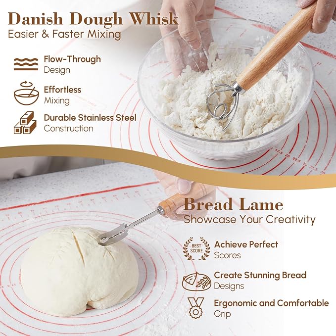 17 Pieces Banneton Bread Proofing Basket Set - 9 and 10 inch Round Sourdough Bread Proofing Baskets - A Complete Bread Making Kit, Danish Whisk, Bowl Scraper, Dough Scraper, & Bread Lame
