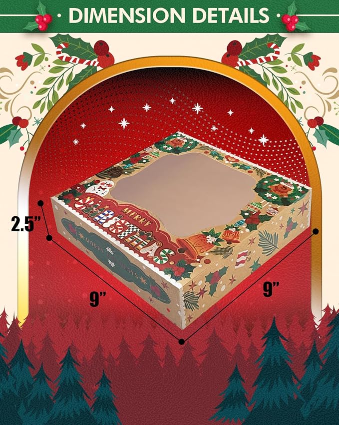 qiqee Christmas Kraft Cookie Boxes with Window 30packs 9x9x2.5 Inch Bakery Box Pastry Box for Christmas